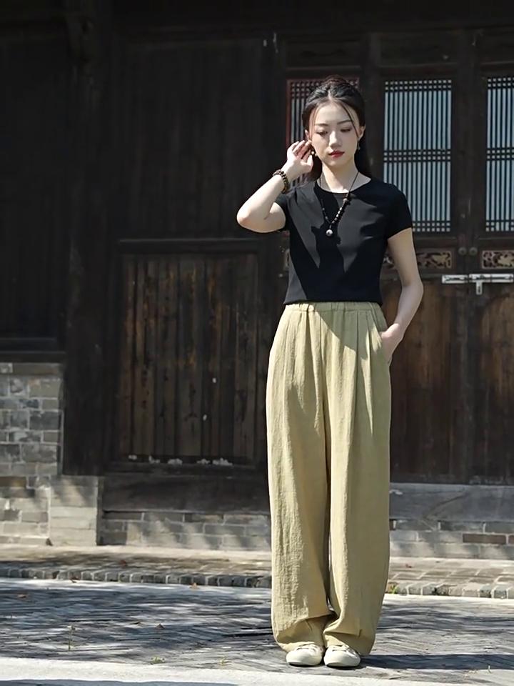 Johnature Women Vintage Straight Pants Elastic Waist Autumn Trouser Solid Color Loose Casual Women Long Pants