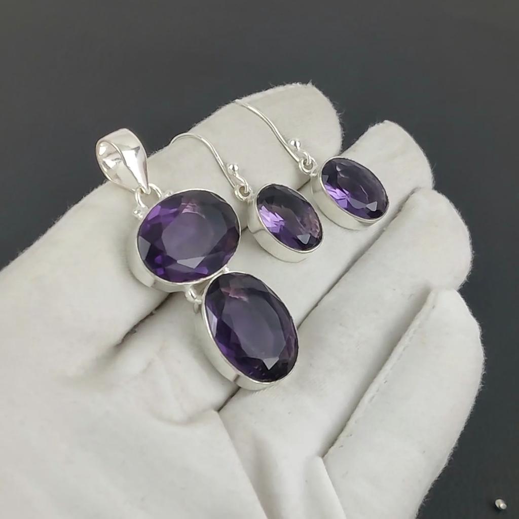 Комплект подвесок из аметиста, драгоценный камень розовый кварц, серьги, кулон, набор из стерлингового серебра 925 пробы, для женщин, подарок на День благодарения