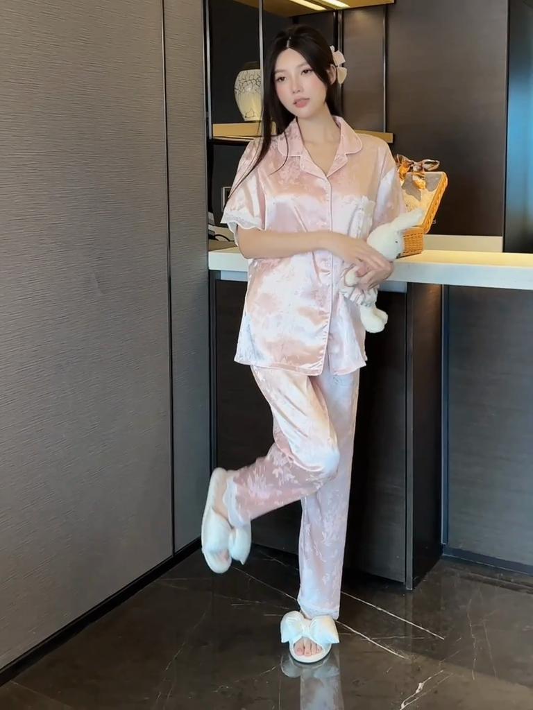 Женские пижамы, комплекты для отдыха, лето, осень, кружевной жаккардовый пижамный комплект с отложным воротником, искусственный шелк, атлас, короткий рукав, женская пижама, домашняя одежда