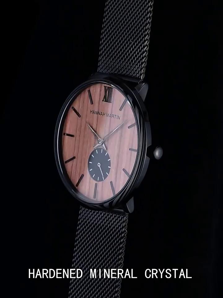 Hannah Martin Men's Quartz Watches Fashion Ultra Thin Watches Simple Men Business Mesh Belt Quartz Watch Male Wristwatches Cherry Ebony Walnut Wood