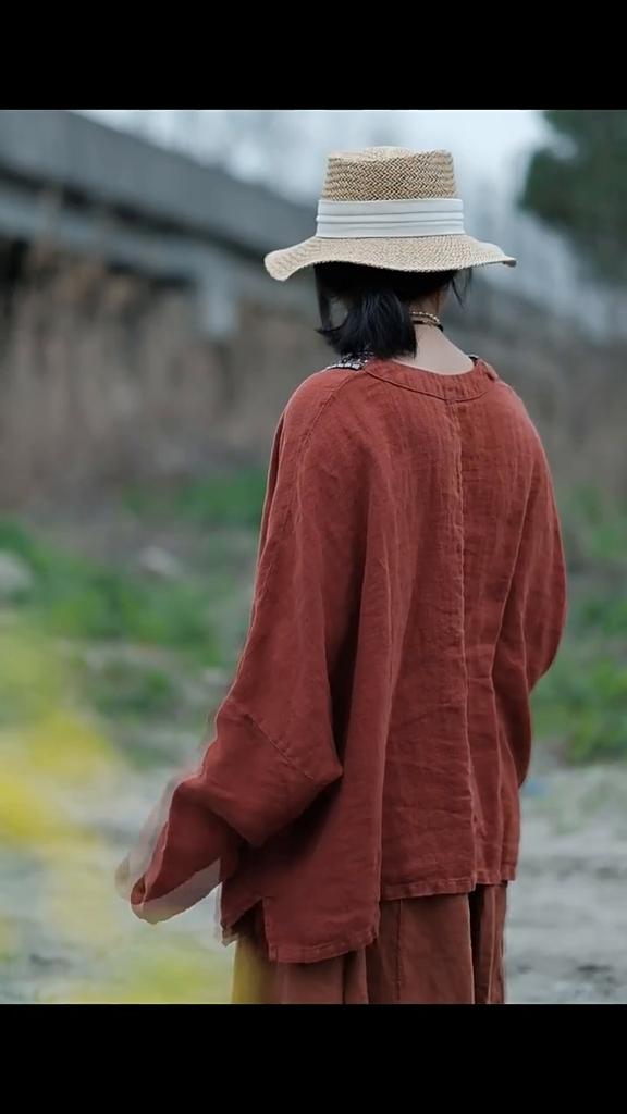 Johnature Spring Summer Women Stitching Linen V-Neck Vintage Loose T-Shirt Sleeves Solid Color Distress T-Shirt