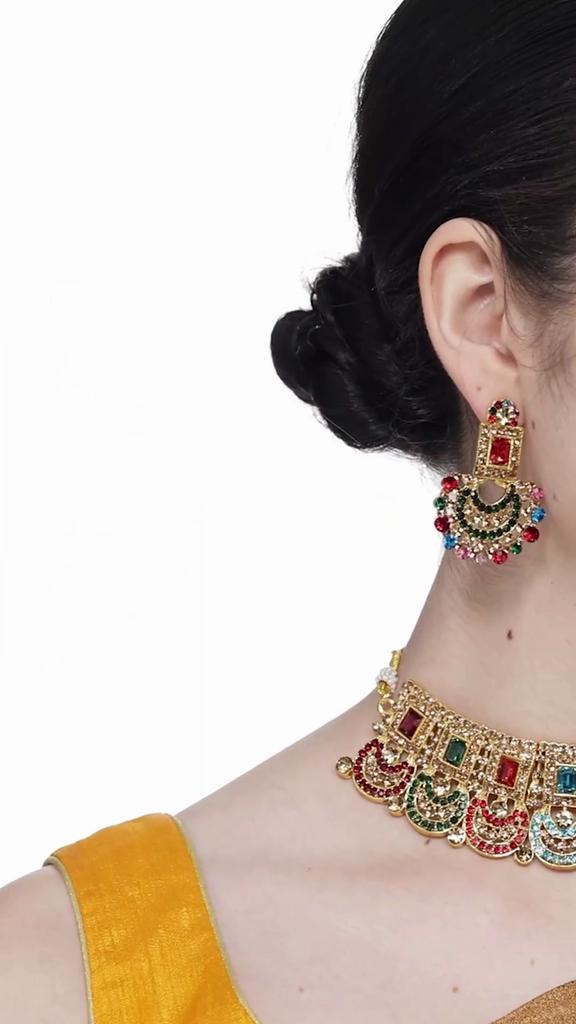 Изящный Choker с изогнутыми AD камнями, набор с серьгами и Maangtika | Набор украшений для женщин
