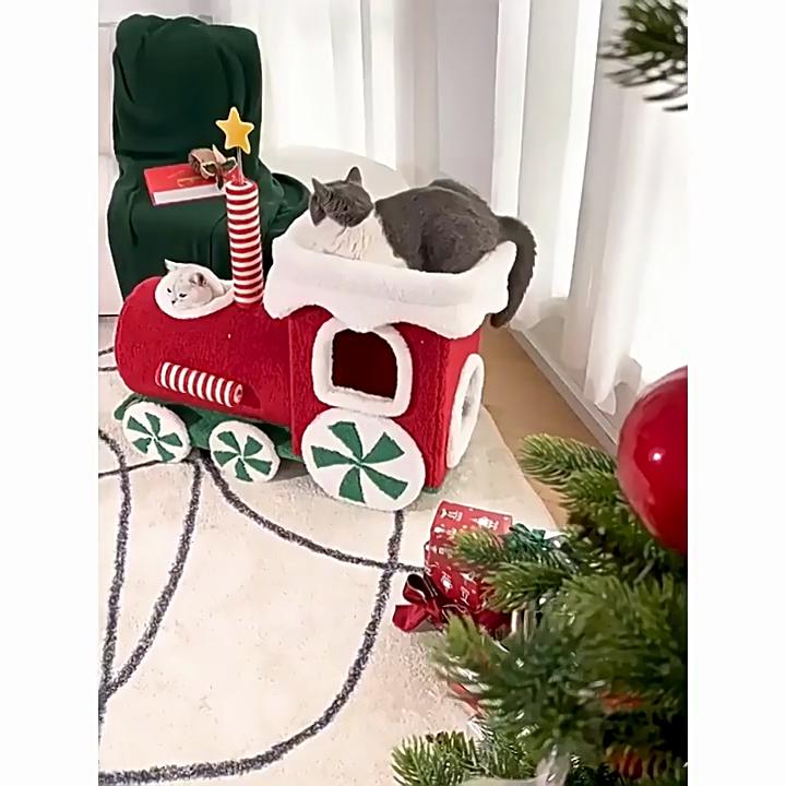 Christmas Train Cat Tree & Heated Bed - All-Season Cozy Sleeper and Playhouse for Cats