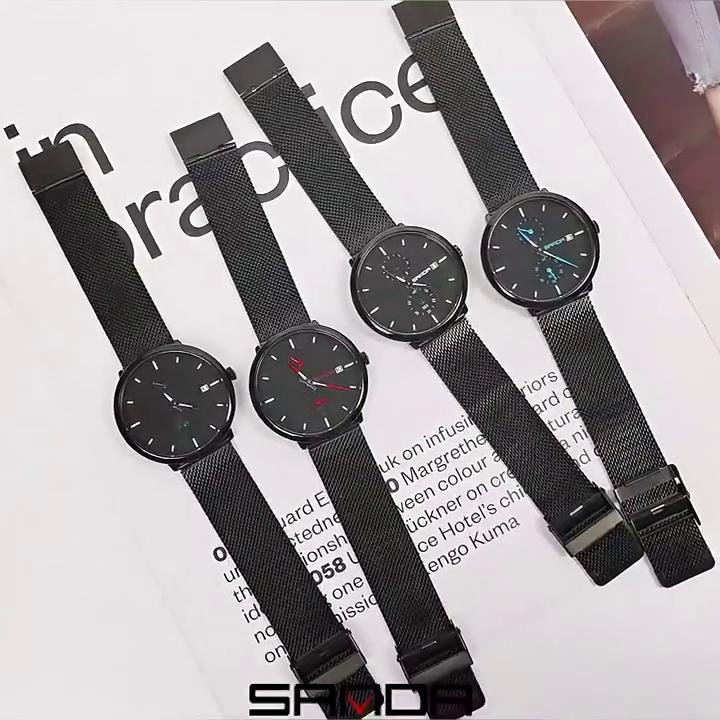 SANDA Новый спортивный пояс с календарем Водонепроницаемые кварцевые часы Модный тренд Простая мужская сетка с часами