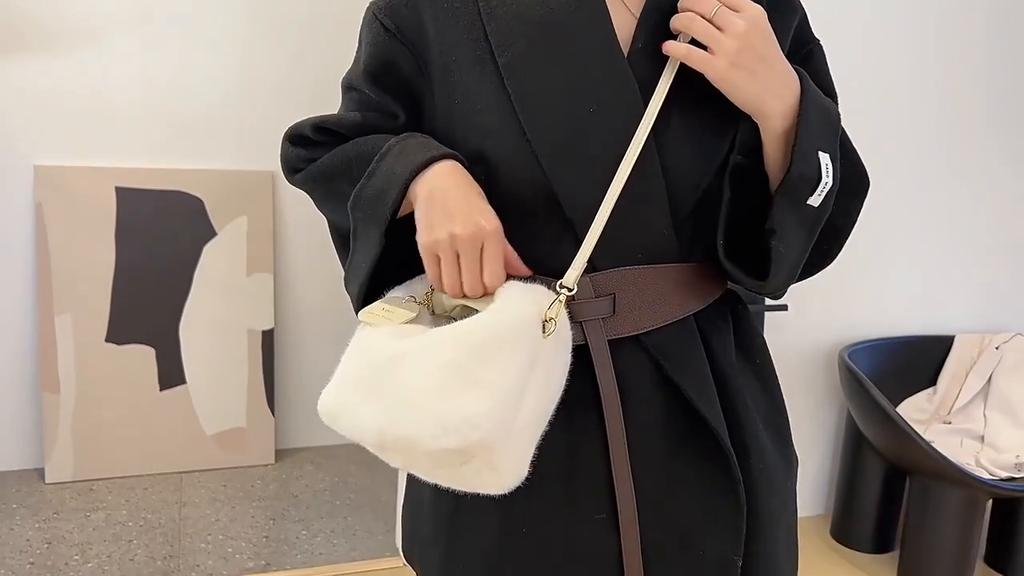 Yogodlns Women Faux Fur Plush Handbags Ruched Handle Small Lady Shoulder Crossbody Bag Casual Half-Moon Hobos Winter Bags for Women