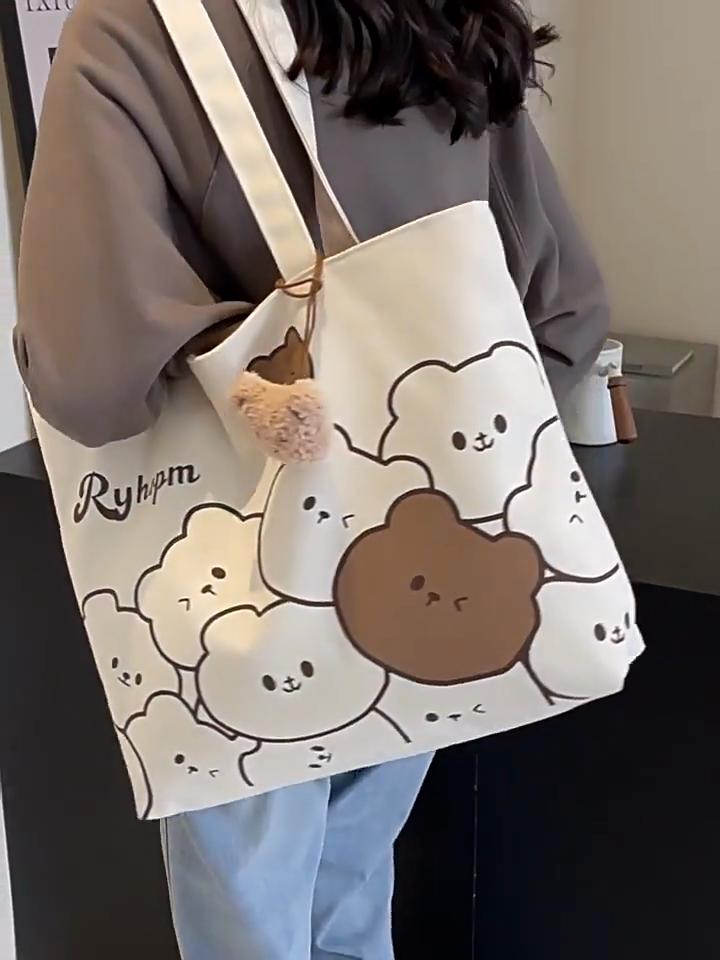 Instagram Cartoon Bear Trendy Casual Commuting Shoulder Bag Большая вместительная сумка-тоут для повседневной жизни Портативная холщовая сумка