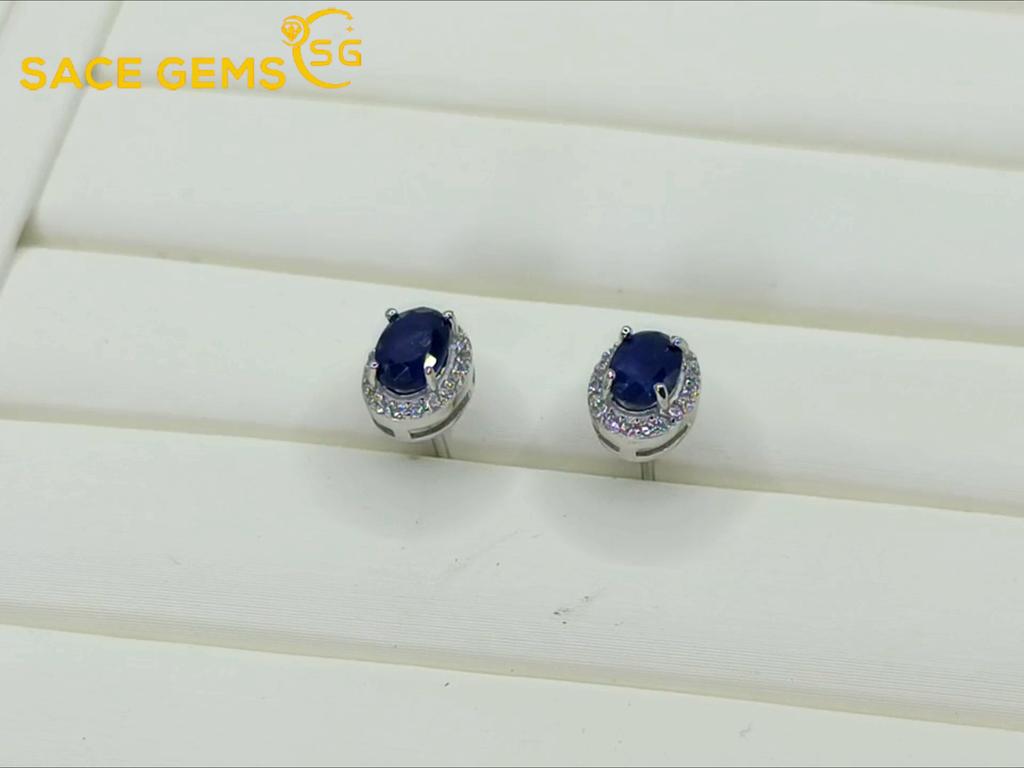 Sace Gems Серьги для женщин стерлингового серебра 925 пробы 4*6 мм серьги-гвоздики с натуральным сапфиром Свадебная вечеринка изящные ювелирные изделия подарок