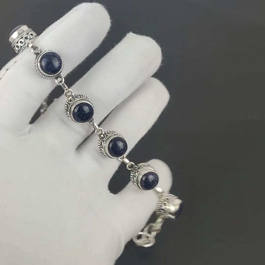 Браслет из натурального синего солнечного камня, браслет из серебра 925 пробы, браслет с регулируемой цепочкой, браслет ручной работы в стиле бохо, ювелирное изделие из драгоценного камня, подарки на помолвку