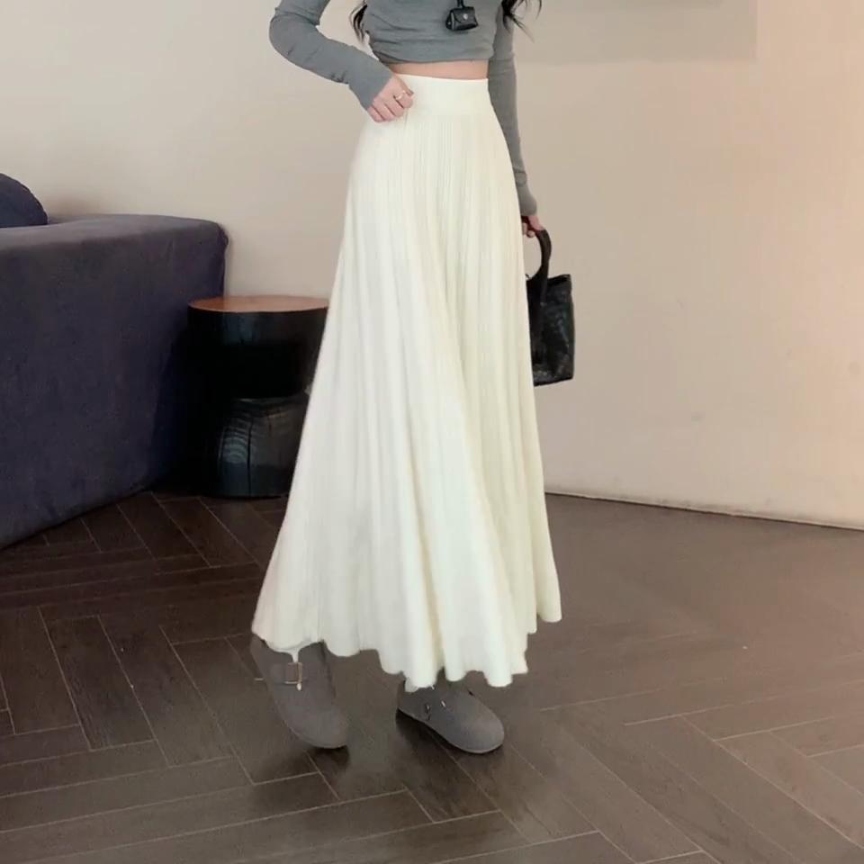 Elegant Fashion Autumn Winter Women Midi Skirt Elastic Waist Beige Grey Black Knitted Skirt Knitting Pleated Warm Skirts Womens