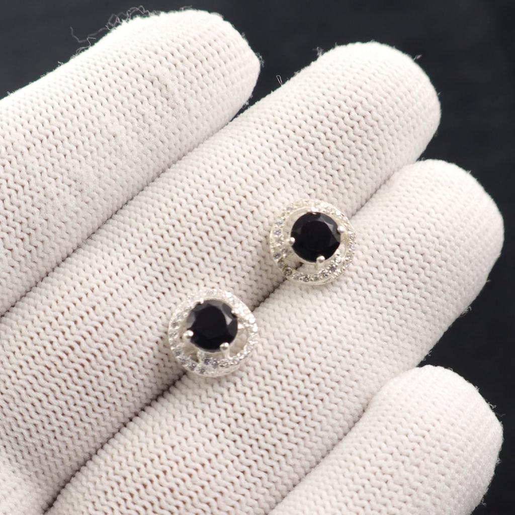 Black Onyx Gemstone 925 Sterling Silver Zircon Stud Earrings0.41" Women Jewelry CZE-8-13