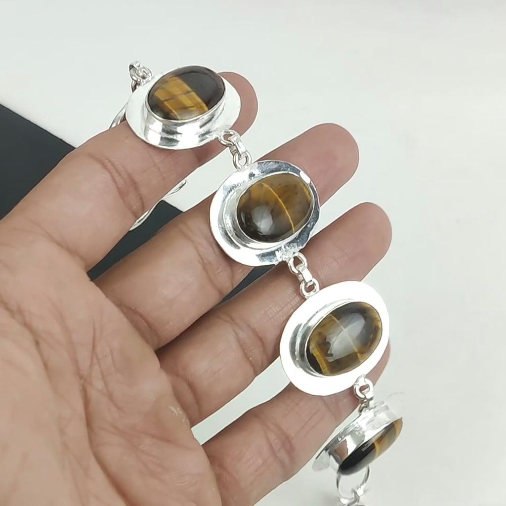 Natural Tiger Eye Gemstone Handmade 925 Sterling Silver Bracelet, Tiger Eye Bracelet For Wife , Unisex Bracelet, Anniversary Gifts