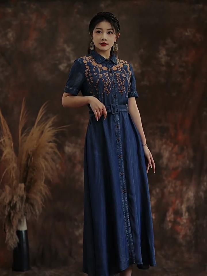 Johnature Винтажное ковбойское платье с вышивкой и лацканами, летнее и осеннее женское модное однобортное платье с короткими рукавами