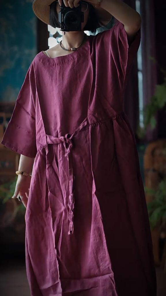 Johnature Women Vintage Bandage Dress O-Neck Seven Sleeve Autumn Dark Rose Loose Women Dresses