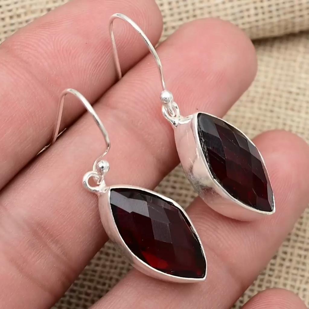 Red Garnet Gemstone Handmade 925 Sterling Silver Jewelry Gorgeous Earrings Gift For Love