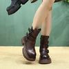 Johnature Plush Warm British Style Mid-calf Boots Genuine Leather Thick Soled Women's Shoes