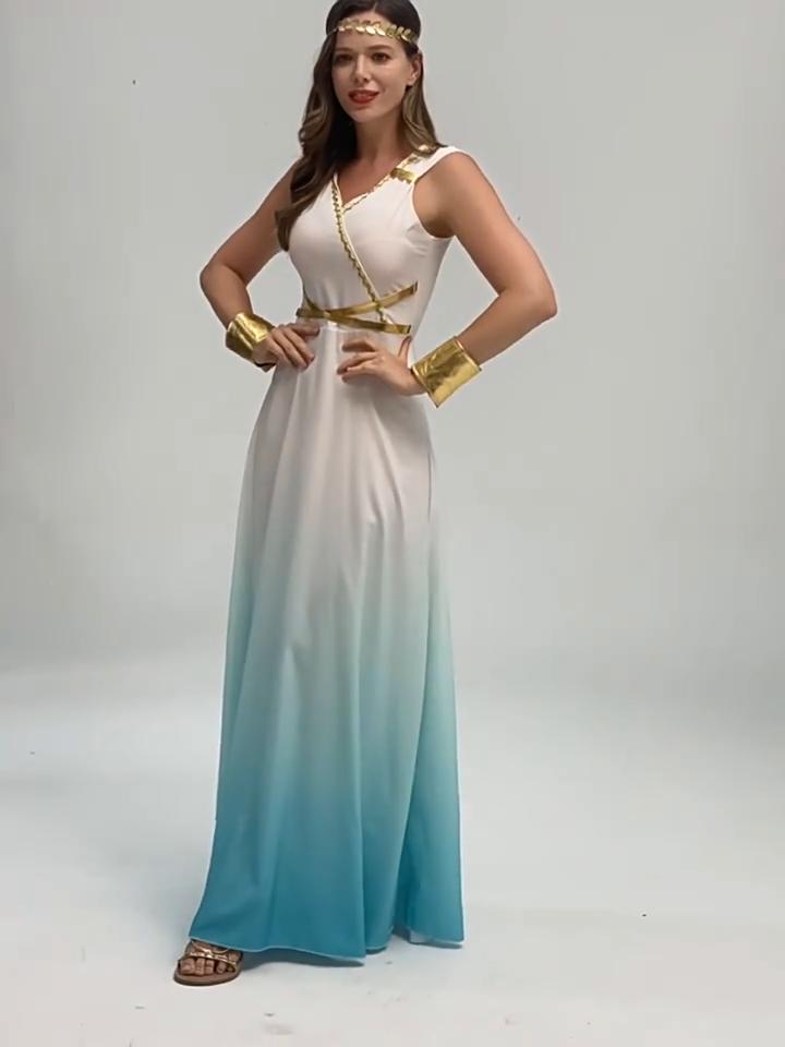 Yixiaoyi Greek Goddess Costume Dress for Women, White/Blue Ombre, Polyester, S-XL