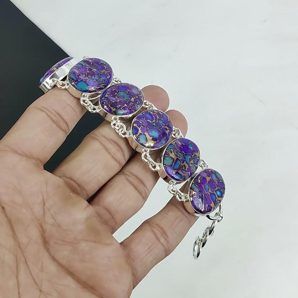 Браслет из фиолетового медно-бирюзового драгоценного камня ручной работы из стерлингового серебра 925 пробы, браслет из фиолетового медно-бирюзового камня для жены, браслет унисекс, подарок