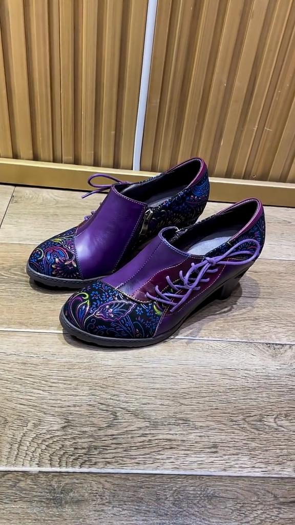 Johnature Retro Printed High Heels Genuine Leather Pumps Ethnic Style Flower Side Zipper Women's Shoes