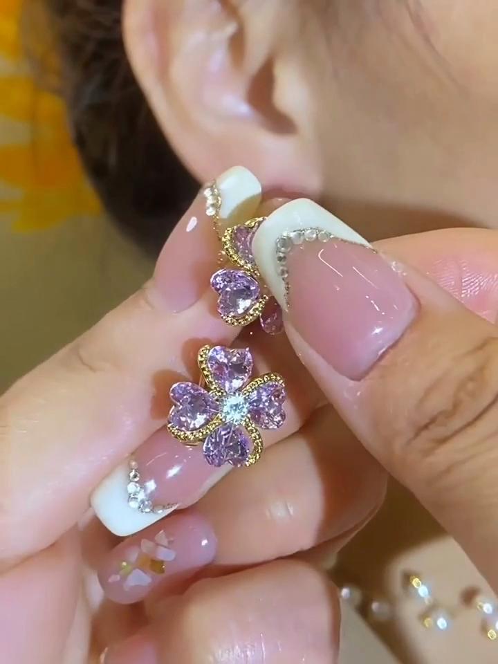 S925 Silver Needle Purple Zircon Flower Stud Earring for Ladys Girls Fashion Elegant Studs Women Earring Jewelry Gift