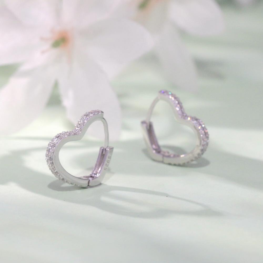 Bisaer 925 Sterling Silver Heart-shaped Ear Buckles Love Hoop Earrings Pave Setting CZ for Women Fine Jewelry Gift