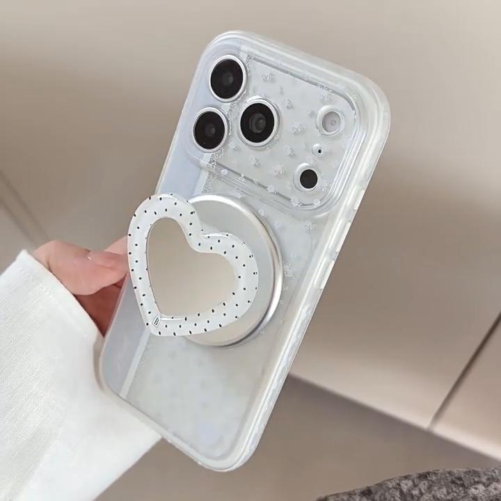 Blue and White Lace Floral Heart-Shaped Stand Phone Case for iPhone 16, iPhone 17 Pro Max, and iPhone 18 Pro