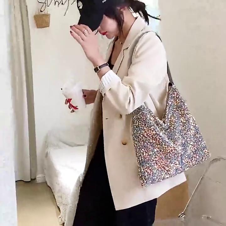 Yogodlns Fashion Sequined Shoulder Bag Female PU Leather Bucket Bag Trendy Satchel Crossbody Bag Designer Lady Armpit Purse