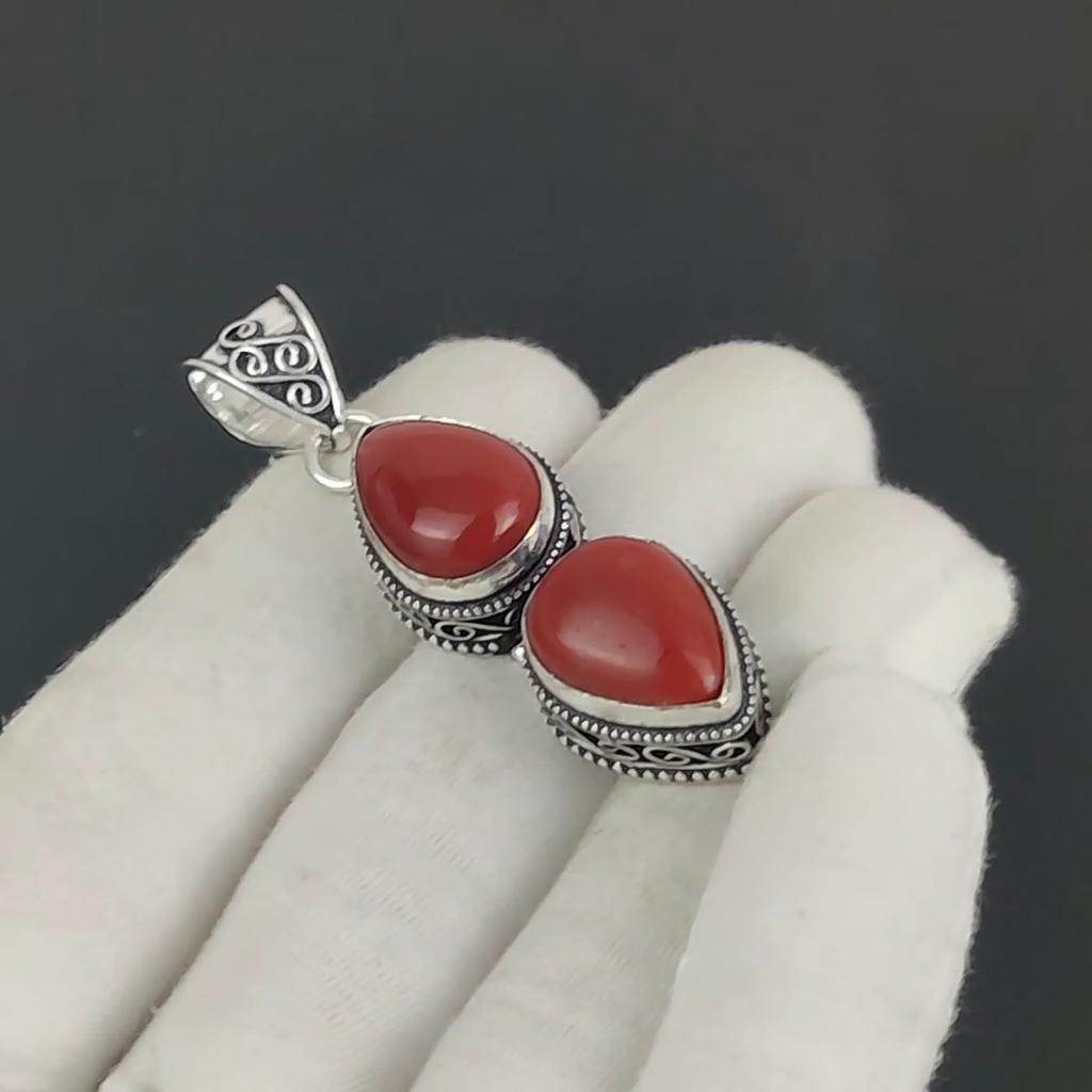 Серебряный кулон с натуральным красным кораллом из стерлингового серебра 925 пробы - дизайн груши ручной работы, повседневная одежда, подарок на день рождения