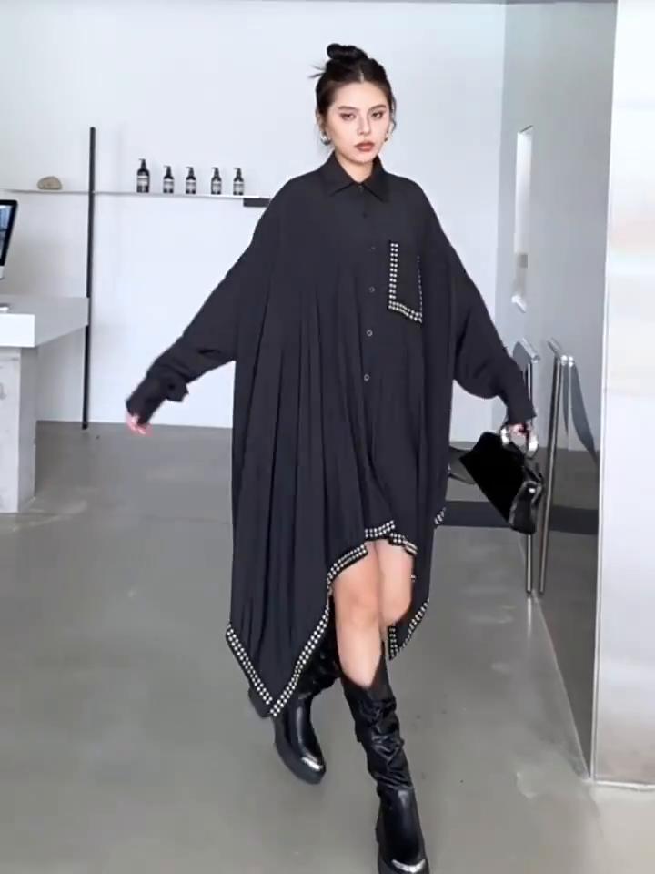 Xitao Asymmetrical Rivet Single Breasted Shirt Dresses LJ1017