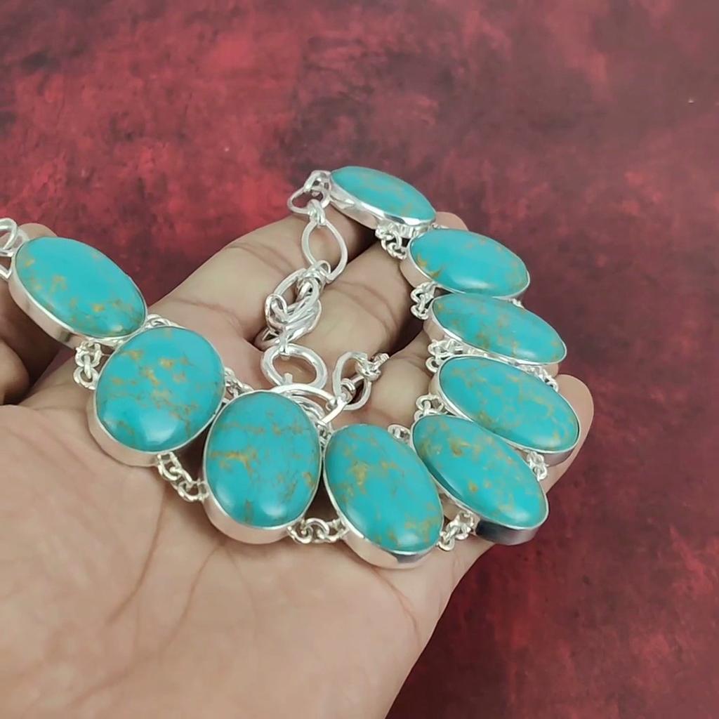 Blue Turquoise Jewelry, 925 Solid Sterling Silver Necklace & Bracelet , Lovely Jewelry Set Wedding Gift ,Handmade Gemstone Jewelry Gift For Love
