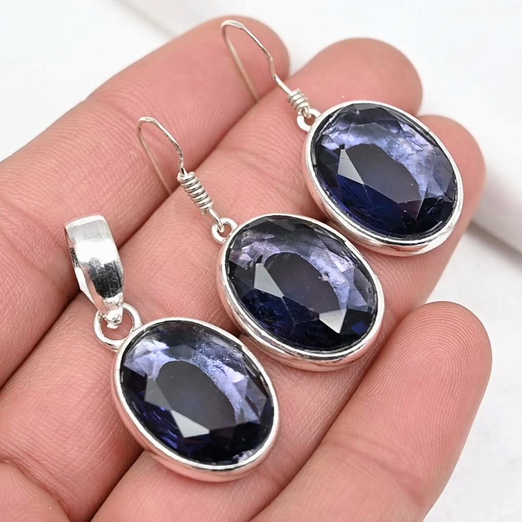 Серьги с аметистом, комплект украшений с подвеской из драгоценных камней, серьги из чистого серебра 925 пробы, подарок для женщин, комплект украшений с подвеской ручной работы