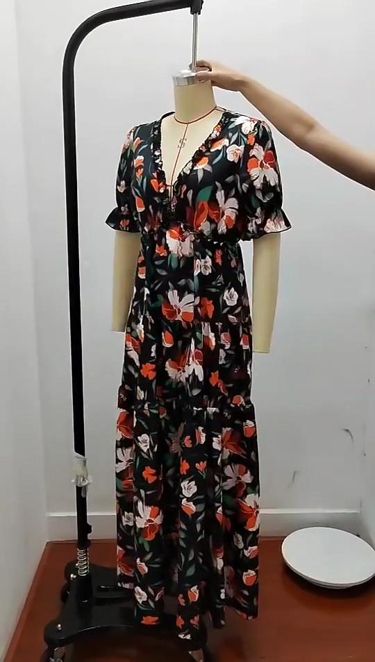 Summer Women's Printed Short Sleeve Dress V-Neck Waist Slim Loose Swing Long Dresses