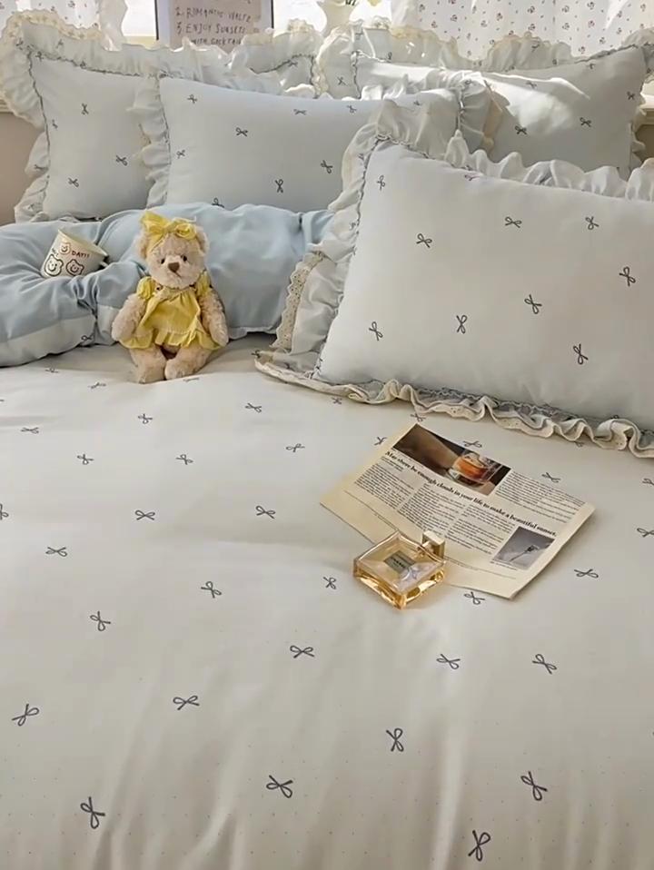 Комплект постельного белья из четырех предметов с двойной нитью, кружевной в принцессном стиле, приятный для кожи, дышащий, стиранные простыни, пододеяльник, наволочка