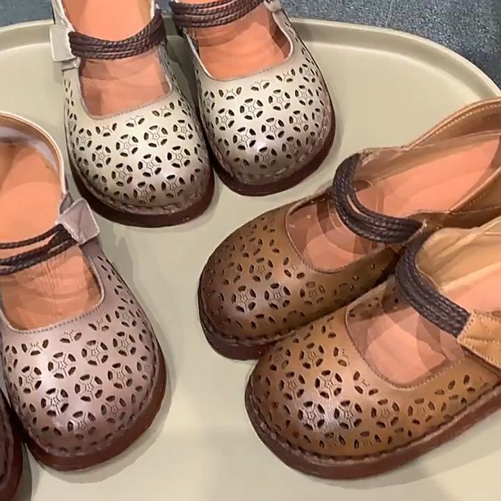 Johnature Women's Flat Shoes Retro Round Toe Genuine Leather Hollow-out Breathable Soft Soled Sandals