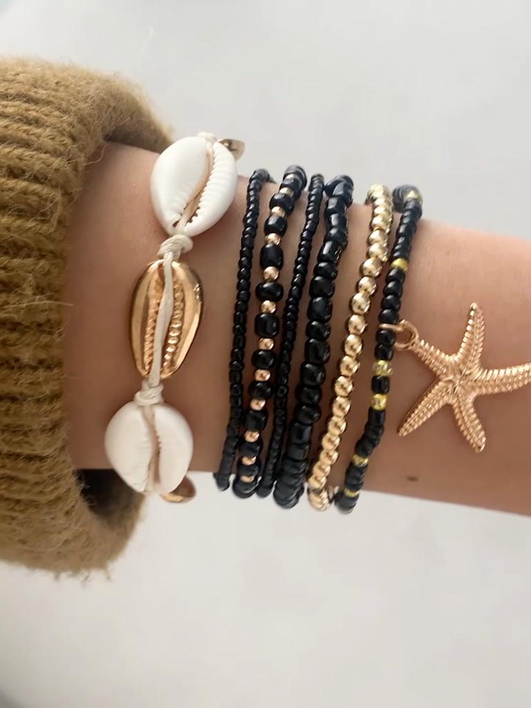 7PCS Boho Fashion Shell Color Beads Bracelet Set Jewelry for Women Girls Beach Holiday Handmade Bijoux