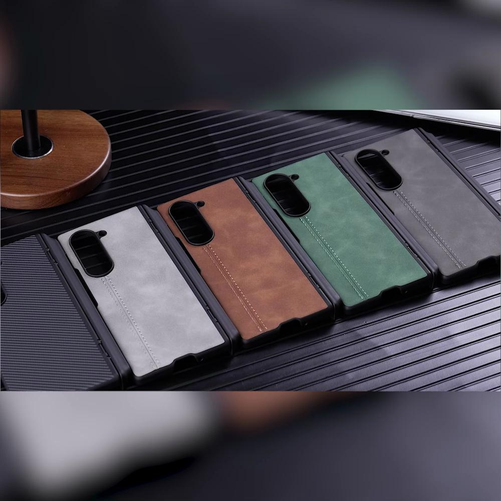 For Samsung Galaxy Z Fold 6 Phone Case With S Pen Holder, Hinge Protector and Screen Protector PU Leather Matte PC-Black