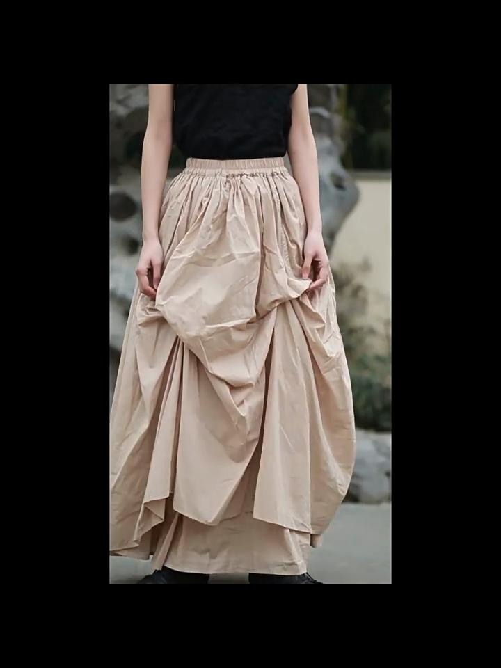 Johnature Women Vintage Irregular Skirts Elastic Waist Solid Color Summer Fold Female Skirts