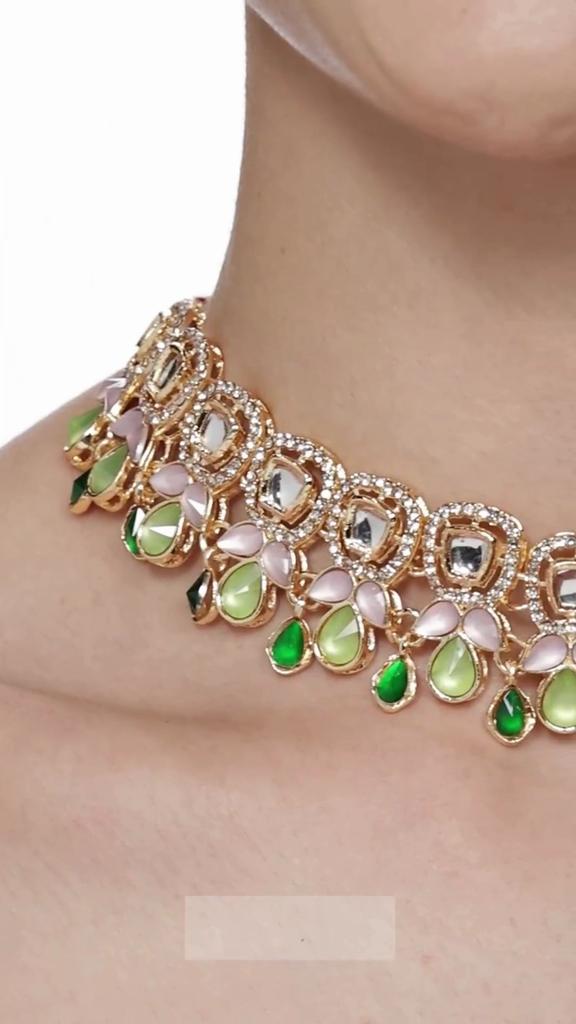Green Pink Stones Austrian Diamonds Embellished Choker Necklace Earring & Ring Set For Women