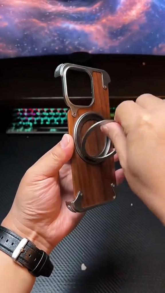 360 ° Rotating Ring Stand Phone Case For iPhone 16 15 14 Pro Max Magsafe Magnetic Stand Walnut Metal Frameless Protective Cover