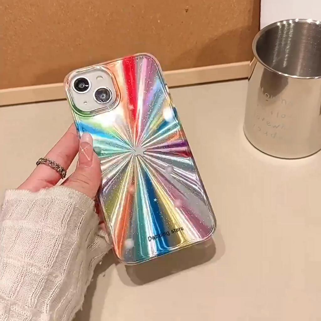 Luxury Laser Radiant Firework Rainbow Color Phone Case For iPhone 16 15 14 13 12 11 Pro Max Glitter Star Lens Protection Soft Cover