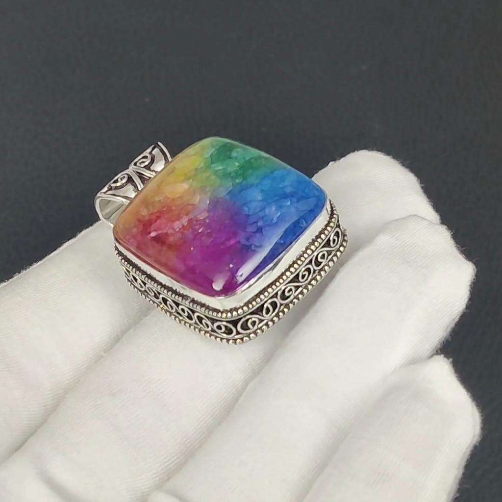 Серебряный кулон с натуральным радужным камнем квараза солор из серебра 925 пробы — дизайн сердца ручной работы, повседневные украшения, уникальные подарки-кулоны