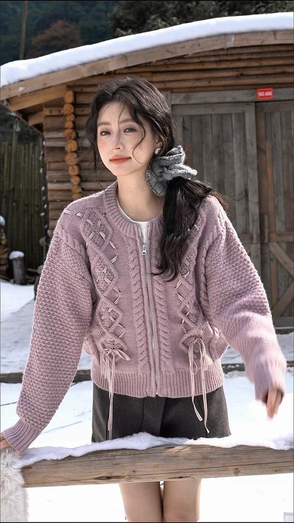 Mishow Вязаный кардиган с бантом из жареного теста, шерстяной свитер, зимний женский, с застежкой-молнией и лентой, теплое пальто Bejirog MXD56Z1002