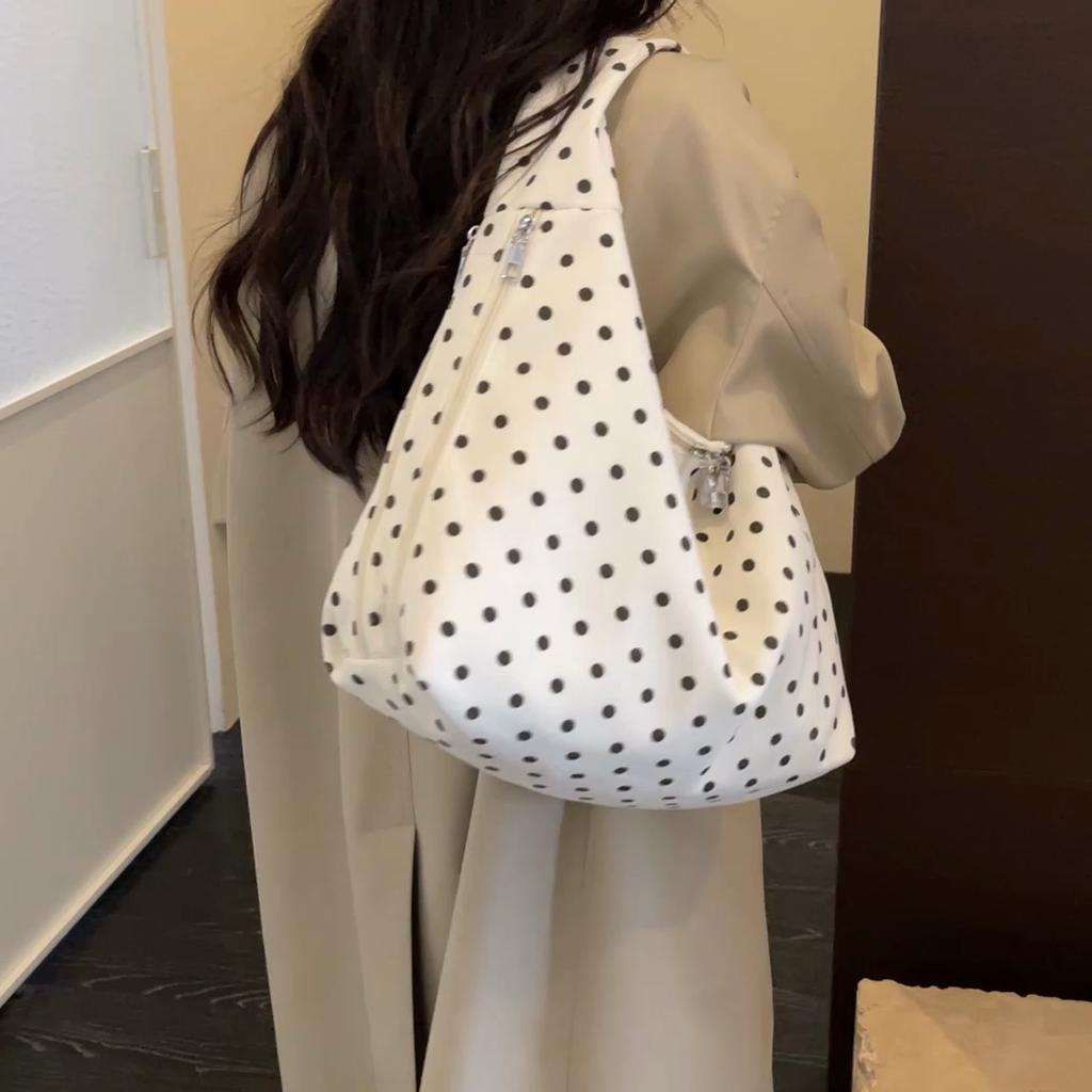 Women Polka Dot Hobo Bag Casual Shoulder Handbag with Multi Zipper Pockets Corduroy Bag