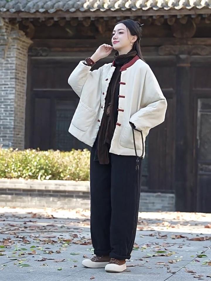 Johnature Китайский стиль пэчворк цвет зима для женщин стойка кнопки теплое пальто карманы пальто