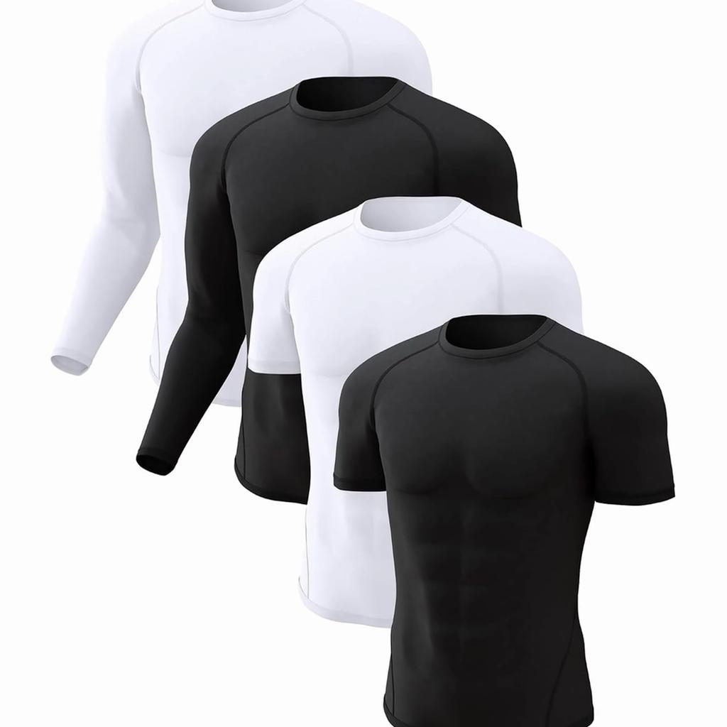 4 Pack Men's Compression Shirts Long Short Sleeve Rash Guard Workout Top