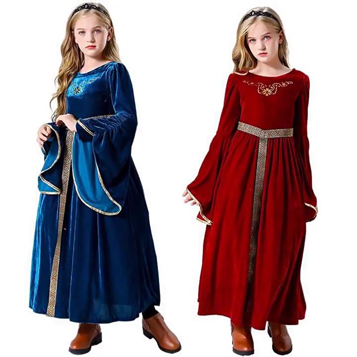 Halloween retro medieval court long dress, children's princess dress for theatrical performances, cosplay, and stage costumes