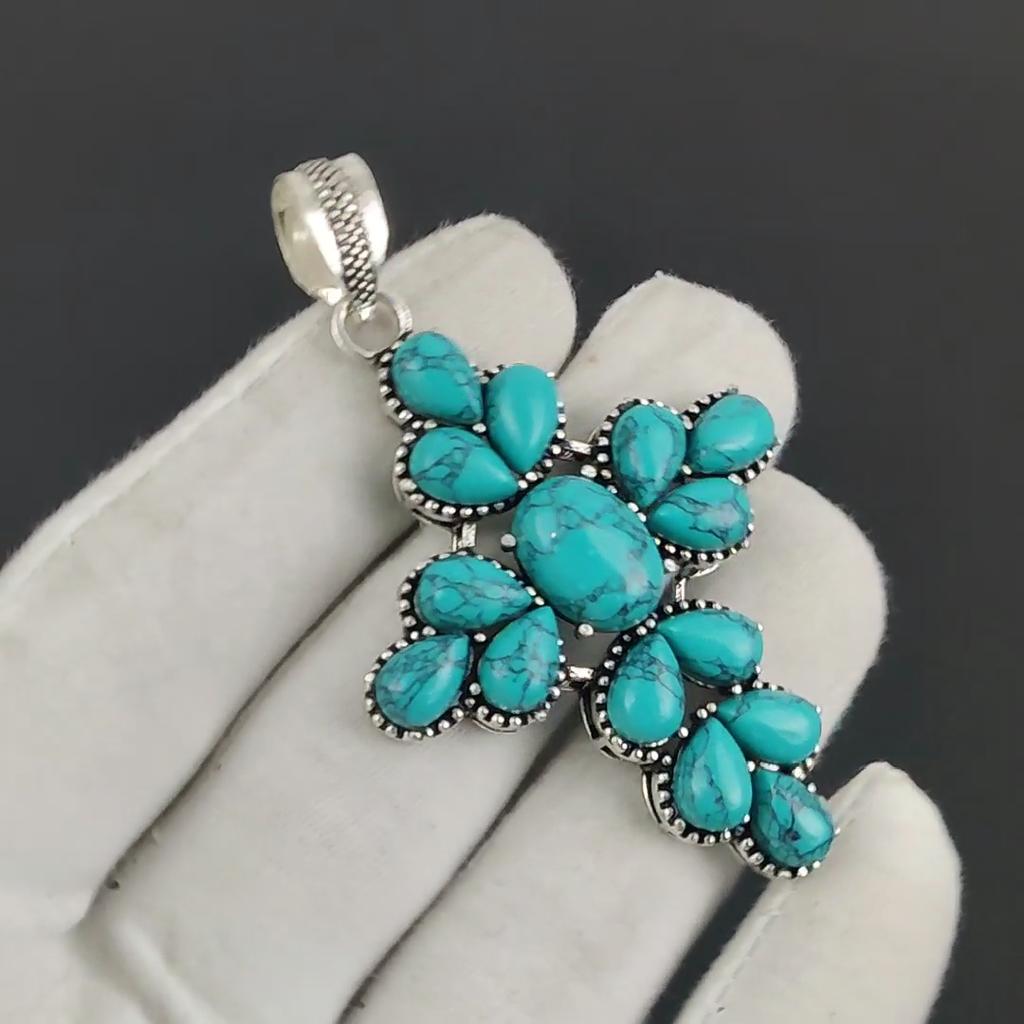 Серебряный кулон-крест с натуральным бирюзовым камнем из стерлингового серебра 925 пробы - дизайн груши ручной работы, повседневная одежда, подарок на день рождения