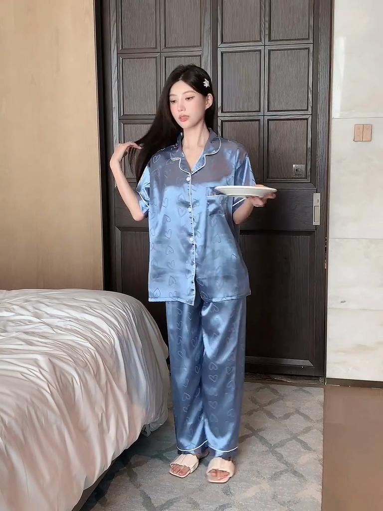Женские пижамы, комплекты для отдыха, лето, осень, пижамный комплект с отложным воротником, искусственный шелк, атлас, топы с короткими рукавами и длинные брюки, женская пижама, домашняя одежда