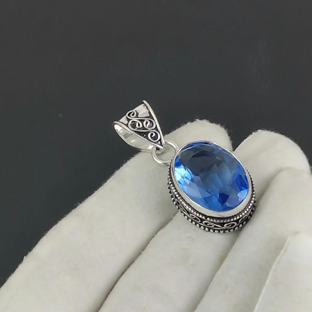 London Blue Topaz Gemstone Silver Pendant In 925 Sterling Silver - Handmade Oval Design, Everyday Wear Jewelry Mother' Day Gift