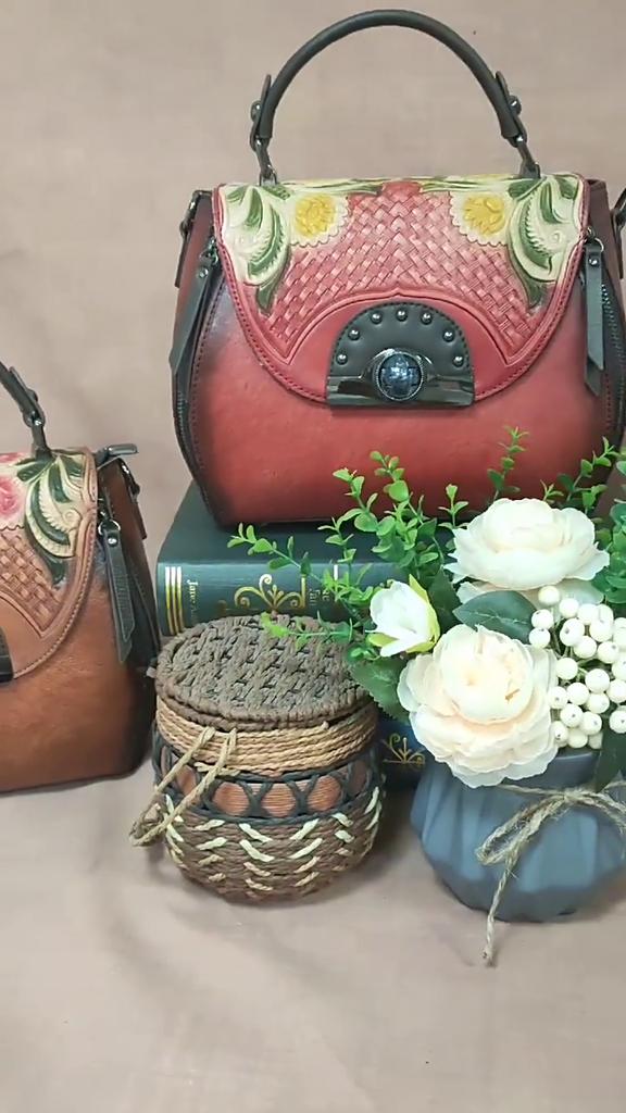 Johnature Retro Embossed First Layer Cow Leather Women Bag Handmade Floral Hasp Handbag Leisure Shoulder Messenger Bags