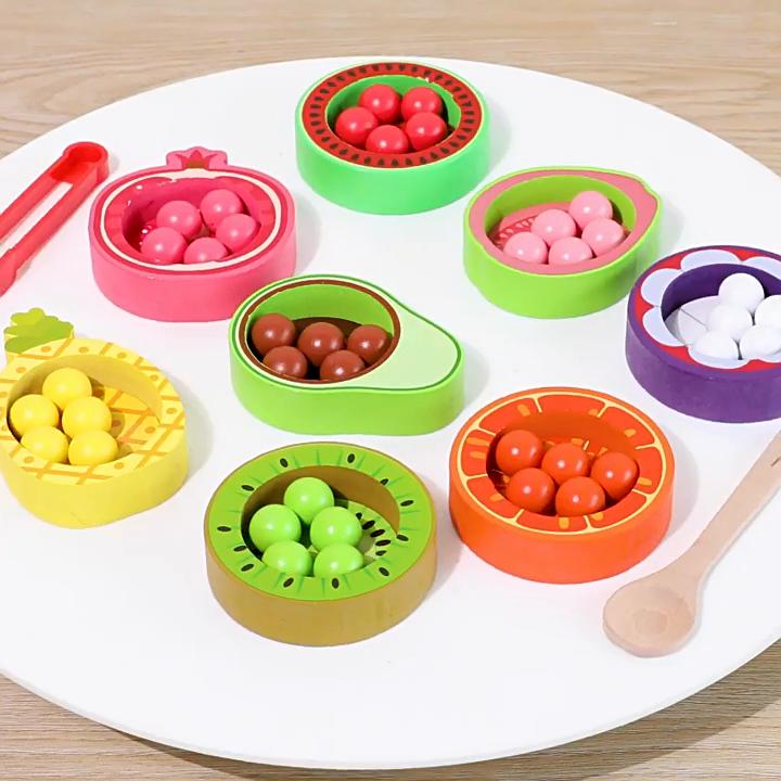 Wooden Childrens Color Classification Toy With Fruit Bead Clips For Cognitive Learning And Handeye Coordination
